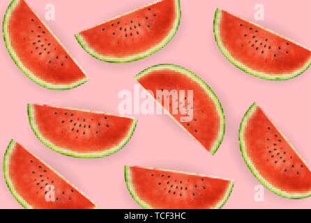 Tranches de pastèque Vector réaliste. Bannière d'été rafraîchissant tropic. Les fruits juteux détaillée 3d tranche Illustration de Vecteur