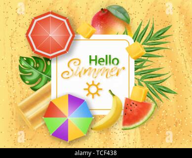 Hello summer card avec la crème glacée, de parasols et de feuilles de palmier Vector réaliste. Superbe plage. Summer Sex modèle d'affiche Illustration de Vecteur