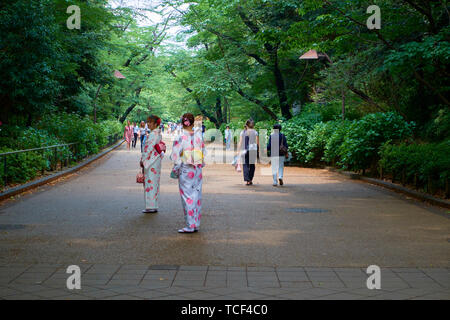 Femmes vêtues de kimono, Geisha tenues appréciant Ueno Onshi Park à Tokyo, Japon. Banque D'Images