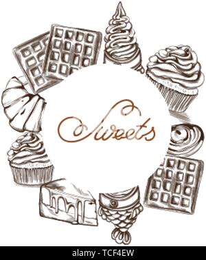 Carte sucreries ligne vectorielle art style. La crème glacée, des croissants, des crêpes des illustrations. Joyeux anniversaire poster Illustration de Vecteur