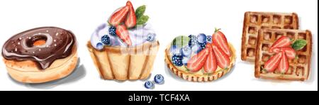 Les beignets et gaufres cupcake vecteur d'Invitation à l'aquarelle. Chocolat Fraise sweet decor Illustration de Vecteur