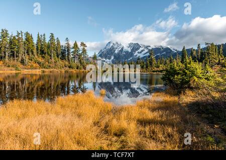 Mont Mt. Shuksan avec reflet dans Photo Lac, forêt en face du glacier avec neige, glace et rochers, le mont Baker-Snoqualmie National Forest, Washin Banque D'Images