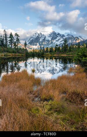 Mt. Shuksan Glacier avec neige avec reflet dans Photo Lac, paysage de montagnes boisées, Mt. Baker-Snoqualmie National Forest, North Carolina, USA, ni Banque D'Images