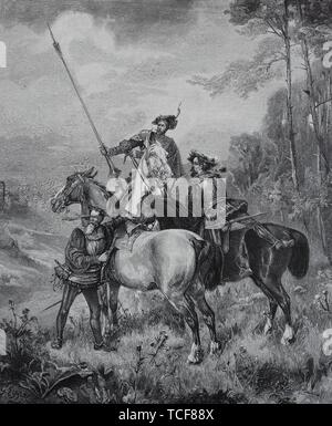 Chevaliers chevaliers brigands, arbuste d'attendre dans le 19ème siècle pour une voiture qu'ils peuvent piller, ou sans frais, 1880, gravure sur bois historique, l'Allemagne, de l'Europe Banque D'Images