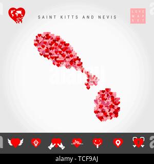 J'aime Saint Kitts et Nevis. Motif coeurs rouges et roses carte vectorielle de Saint Kitts et Nevis isolé sur fond gris. L'icône de l'amour ensemble. Illustration de Vecteur