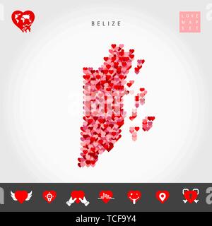 J'aime le Belize. Motif coeurs rouges et roses Carte vectorielle du Belize isolé sur fond gris. L'icône de l'amour ensemble. Illustration de Vecteur