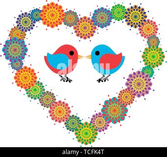 Oiseaux mignons dans l'amour au coeur de fleur Illustration de Vecteur