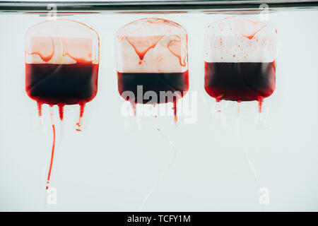 Les sacs de sang en plastique avec cellules isolated on white Banque D'Images