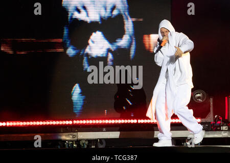 Nuremberg, Allemagne. 07Th Juin, 2019. Watkin Tudor Jones alias Ninja, chanteur du groupe de rap sud-africain rave 'Die Antwoord' est sur la scène du festival en plein air "Rock im Park". La fête de la musique soit jusqu'au 9 juin 2019. Crédit : Daniel Karmann/dpa/Alamy Live News Banque D'Images