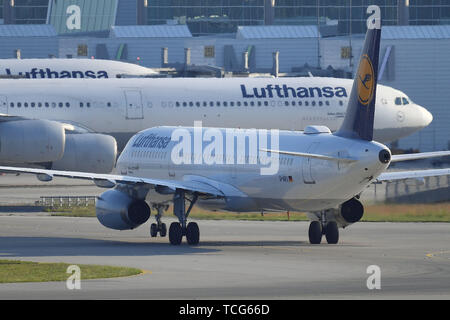 Munich, Allemagne. 07Th Juin, 2019. Lufthansa la machine roule à la Termial après l'atterrissage. La circulation de l'air, fliegen.Luftfahrt. L'aéroport Franz Josef Strauss de Munich.Munich.Â | Conditions de crédit dans le monde entier : dpa/Alamy Live News Banque D'Images