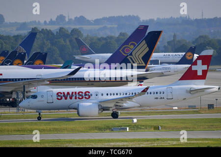 Munich, Allemagne. 07Th Juin, 2019. HB-JBA Swiss Bombardier CSeries CS100 sur la piste. La circulation de l'air, fliegen.Luftfahrt. L'aéroport Franz Josef Strauss de Munich.Munich.Â | Conditions de crédit dans le monde entier : dpa/Alamy Live News Banque D'Images