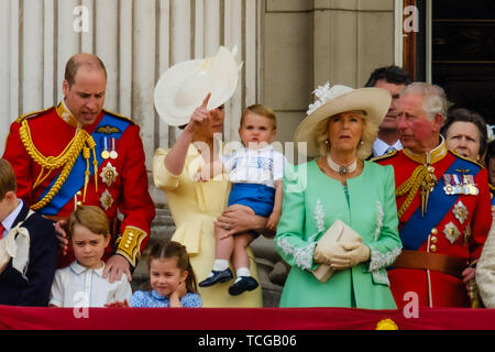 Londres, Royaume-Uni. Le 08 juin, 2019. Le duc et la duchesse de Cambridge, avec leurs enfants avec le reste de la famille royale de profiter de regarder une mouche-par performmed par la RAF du balcon à la parade la couleur, la célébration officielle de l'anniversaire de la Reine Le samedi 8 juin 2019 à Buckingham Palace, Londres. Cette année, le 1er Bataillon Grenadier Guards dépêche leur couleur. Sur la photo : le Prince William, duc de Cambridge, Kate, duchesse de Cambridge, le Prince George de Cambridge, le Prince Louis de Cambridge, la Princesse Charlotte de Cambridge, Camilla, la duchesse de Cornouailles, le Prince Charles, P Banque D'Images