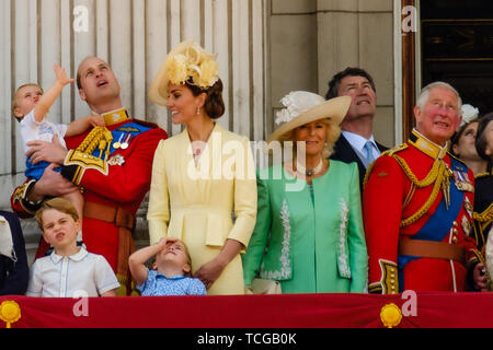 Londres, Royaume-Uni. Le 08 juin, 2019. Le duc et la duchesse de Cambridge, avec leurs enfants avec le reste de la famille royale de profiter de regarder une mouche-par performmed par la RAF du balcon à la parade la couleur, la célébration officielle de l'anniversaire de la Reine Le samedi 8 juin 2019 à Buckingham Palace, Londres. Cette année, le 1er Bataillon Grenadier Guards dépêche leur couleur. Sur la photo : le Prince William, duc de Cambridge, Kate, duchesse de Cambridge, le Prince George de Cambridge, le Prince Louis de Cambridge, la Princesse Charlotte de Cambridge, Camilla, la duchesse de Cornouailles, le Prince Charles, P Banque D'Images