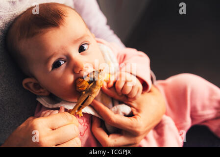 Bébé âgé de 5 mois de manger une cuisse de poulet à l'aide de l'enfant conduit le sevrage BLW méthode. Banque D'Images