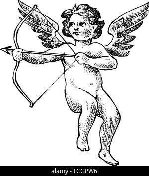 Cute angel avec des flèches et arc. Les petites ailes avec Cupids esthétique voler dans le ciel. Les enfants en monochrome style gravé. Modèle de tatouage ou d'un logo Illustration de Vecteur