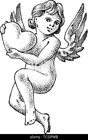 Cute angel avec le coeur. Petit Cupidon esthétique avec des ailes voler dans le ciel. Les enfants en monochrome style gravé. Modèle de tatouage ou logo. Part Illustration de Vecteur