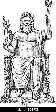 Sept Merveilles du monde antique. Statue de Zeus à Olympie. La grande construction de la grecs. Gravé à la main vintage croquis. Illustration de Vecteur