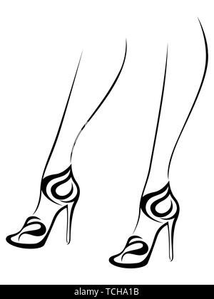 L'esquisse esquisse de femme gracieuse pieds dans des chaussures à talons, résumé des illustrations vectorielles blanc sur noir Illustration de Vecteur