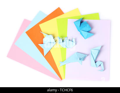 Origami bleu sur papier brillant, isolated on white Banque D'Images