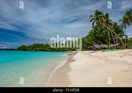 Port incroyable plage de sable d'Orly avec palmiers, l'île d'Espiritu Santo, Vanuatu. Banque D'Images