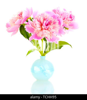 Trois pivoines rose en vase isolé sur fond blanc Banque D'Images