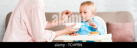 Mère de holding et d'alimentation des tout-petits mignon fils à la maison Banque D'Images