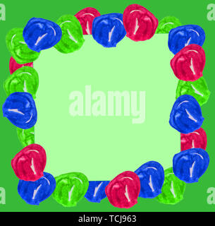 Cute frame set aquarelle boules colorées à la main taches rondes isolées sur fond vert pour le texte, conception web. Espace pour noter, imprimer, gabarit, co Banque D'Images