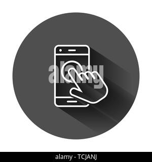 Dans l'icône main touch smartphone télévision style. Fabricants de téléphone vector illustration sur fond noir avec l'ombre. Curseur d'écran tactile con Illustration de Vecteur