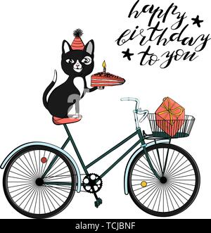 Chat Noir Dans Cone Hat Assis Sur Location Et La Tenue Du Gateau Lettrage Main Bon Anniversaire A Vous Hipster Vintage Velo Avec Panier Image Vectorielle Stock Alamy