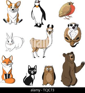 Ensemble d'animaux mignon isolé sur fond blanc. le renard roux, l'Owl, lapin, meerkat, cat, Corgi, oiseau, pingouin et ours. stock vector illustration Illustration de Vecteur