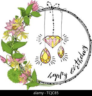 Carte de souhaits avec gerbe de fleurs de lotus, de diamants et pierres précieuses, lettrage main joyeux anniversaire. Décoration ronde floral border, conception botanique Illustration de Vecteur