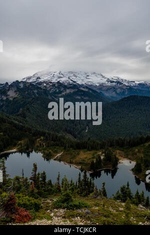 Le lac miroitant et Mt. Rainier de Tolmie donnent sur pic Banque D'Images