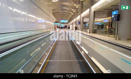 Istanbul, Turquie - 19 Avril 2019 : transfert par tapis roulant dans l'Aéroport International d'Istanbul, Istanbul Yeni Havalimani. Principal centre de Turkish Airlines en Banque D'Images
