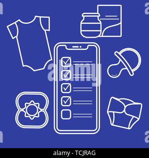 Vector illustration avec le smartphone à l'aide de bébé, accessoires. Body, aliments pour bébé, couches, peut-mamelon, bat. Les achats en ligne. Illustration de Vecteur