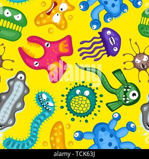 Divers microorganismes bactéries virus vector cartoon caractère emoticon germe modèle homogène. La maladie bactérienne microbiologie infections illustration. M Illustration de Vecteur