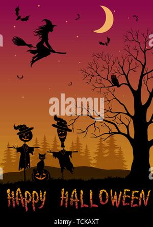 Maison de vacances Paysage d'Halloween, silhouettes noires sur le balai de sorcière, chauve-souris et lune en Sky, épouvantails, la citrouille Jack-O-lanterne, chat, arbre avec Owl. Vector Illustration de Vecteur