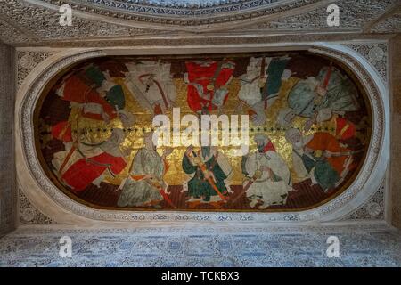 Assemblée générale de dix personnalités islamiques, la peinture de plafond, Sala de los Reyes, prix des Rois, palais Nasrides, Alhambra, Granada, Andalousie, Espagne Banque D'Images