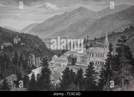 Ville thermale de Bad Gastein dans le quartier de St Johann, Pongau, Autriche, 1880, gravure sur bois historique, Autriche Banque D'Images