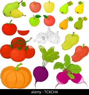 Définir différents légumes et fruits sur fond blanc. Vector Illustration de Vecteur