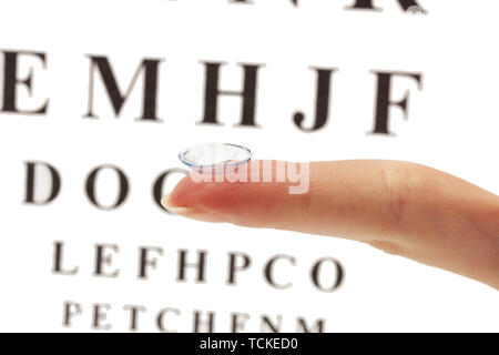 Sur le doigt de lentilles de contact, sur l'échelle Snellen eye fond du graphique Banque D'Images