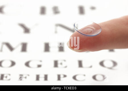 Sur le doigt de lentilles de contact, sur l'échelle Snellen eye fond du graphique Banque D'Images