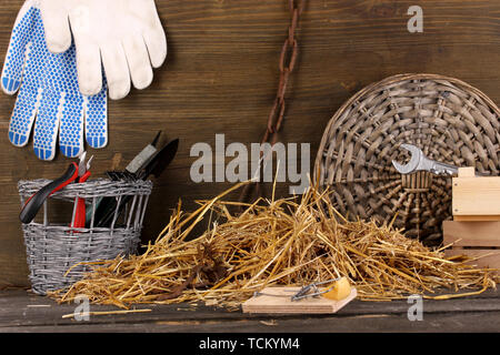 Mousetrap avec un morceau de fromage dans la région de grange sur fond de bois Banque D'Images