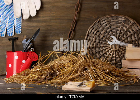 Mousetrap avec un morceau de fromage dans la région de grange sur fond de bois Banque D'Images