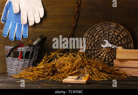 Mousetrap avec un morceau de fromage dans la région de grange sur fond de bois Banque D'Images