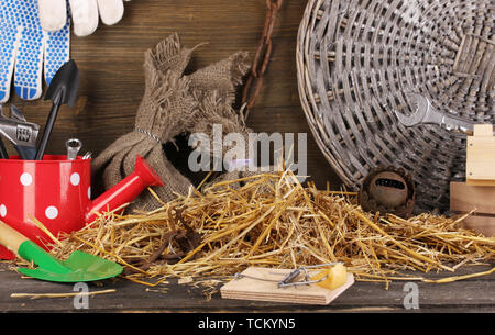 Mousetrap avec un morceau de fromage dans la région de grange sur fond de bois Banque D'Images