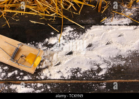 Mousetrap avec un morceau de fromage dans la région de grange sur fond de bois Banque D'Images