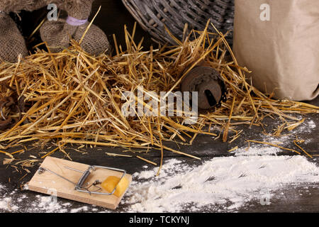 Mousetrap avec un morceau de fromage dans la région de grange sur fond de bois Banque D'Images