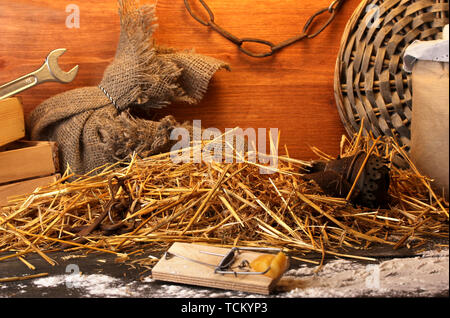 Mousetrap avec un morceau de fromage dans la région de grange sur fond de bois Banque D'Images