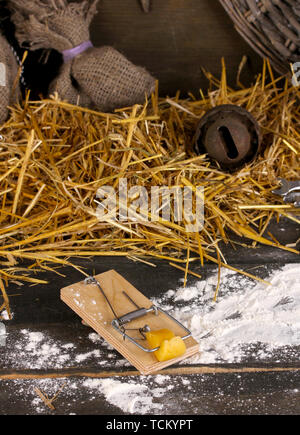 Mousetrap avec un morceau de fromage dans la région de grange sur fond de bois Banque D'Images