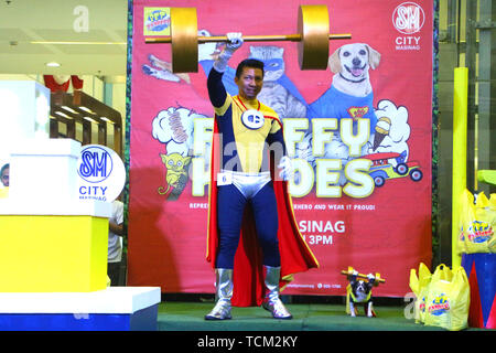 Antipolo, Philippines. Le 08 juin, 2019. Eton Bonifacio Conception, 45 ans posséder avec son chien un nom Gigggy 5 ans pain Chihuahua 3-couleurs avec "Captain Barbell costume" pendant la "Fluffy" Héros des activités dans le cadre de l'avance de célébration du Jour de l'indépendance des Philippines à SM Masinag à Antipolo City le 8 juin 2019. Credit : Gregorio B. Dantes Jr./Pacific Press/Alamy Live News Crédit : PACIFIC PRESS/Alamy Live News Banque D'Images